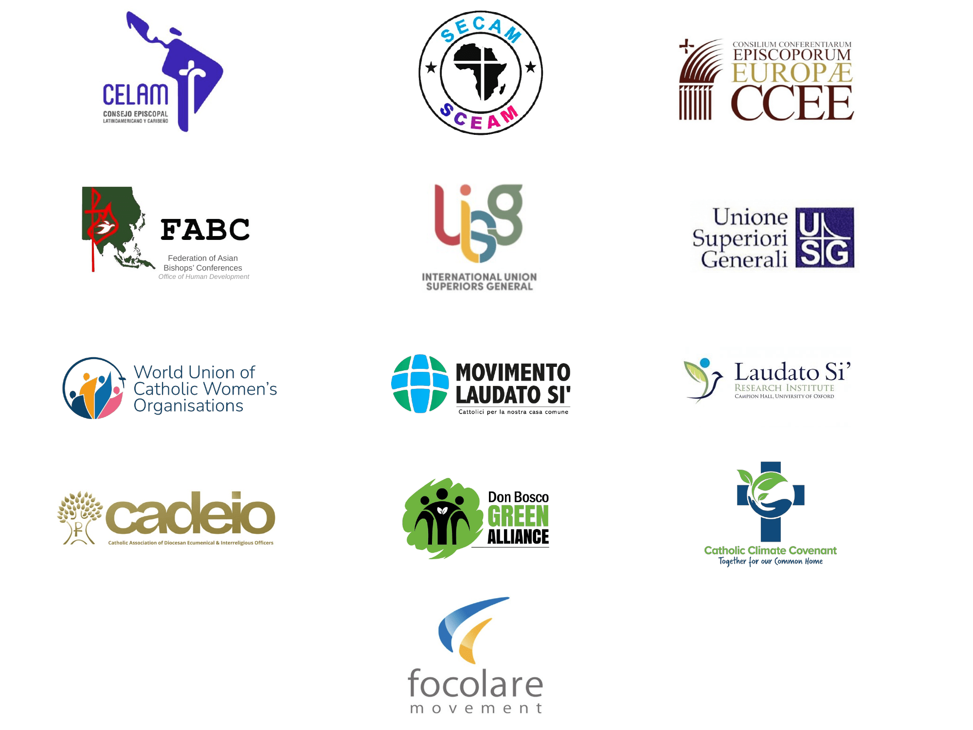 Logos of Catholic organizations and movements supporting care for creation and environmental action.