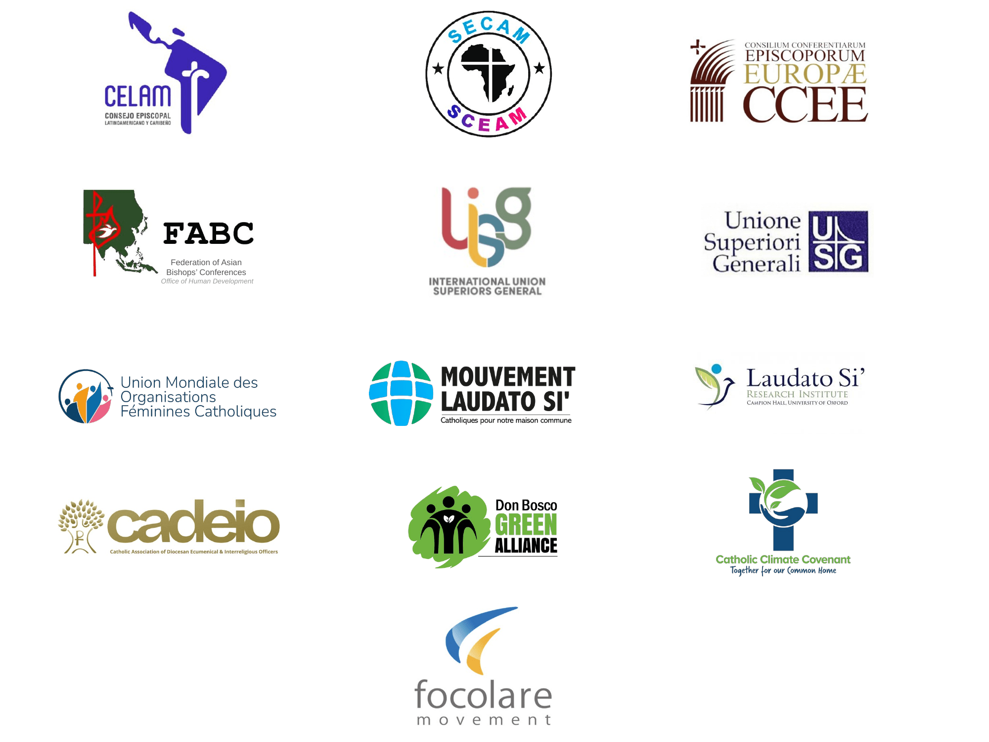 Logos d’organisations et de mouvements catholiques engagés pour la sauvegarde de la Création et l’action en faveur de l’environnement.